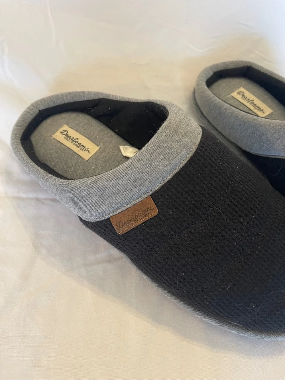 Men's Black Slip-On Quilted House Shoes with Grey Trim dearfoams